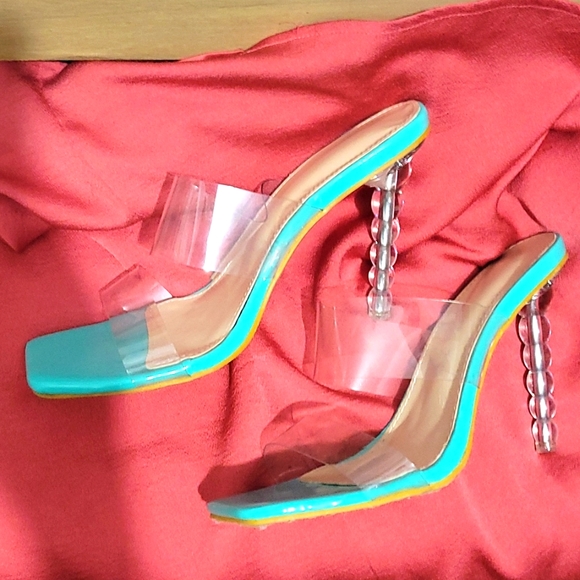 Shoes - Clear strap heels with clear stiletto and bright blue sole